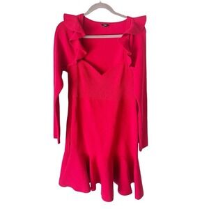 Express Body Contour Red Ruffle Sweetheart Neck Knit Sweater Dress Size Large